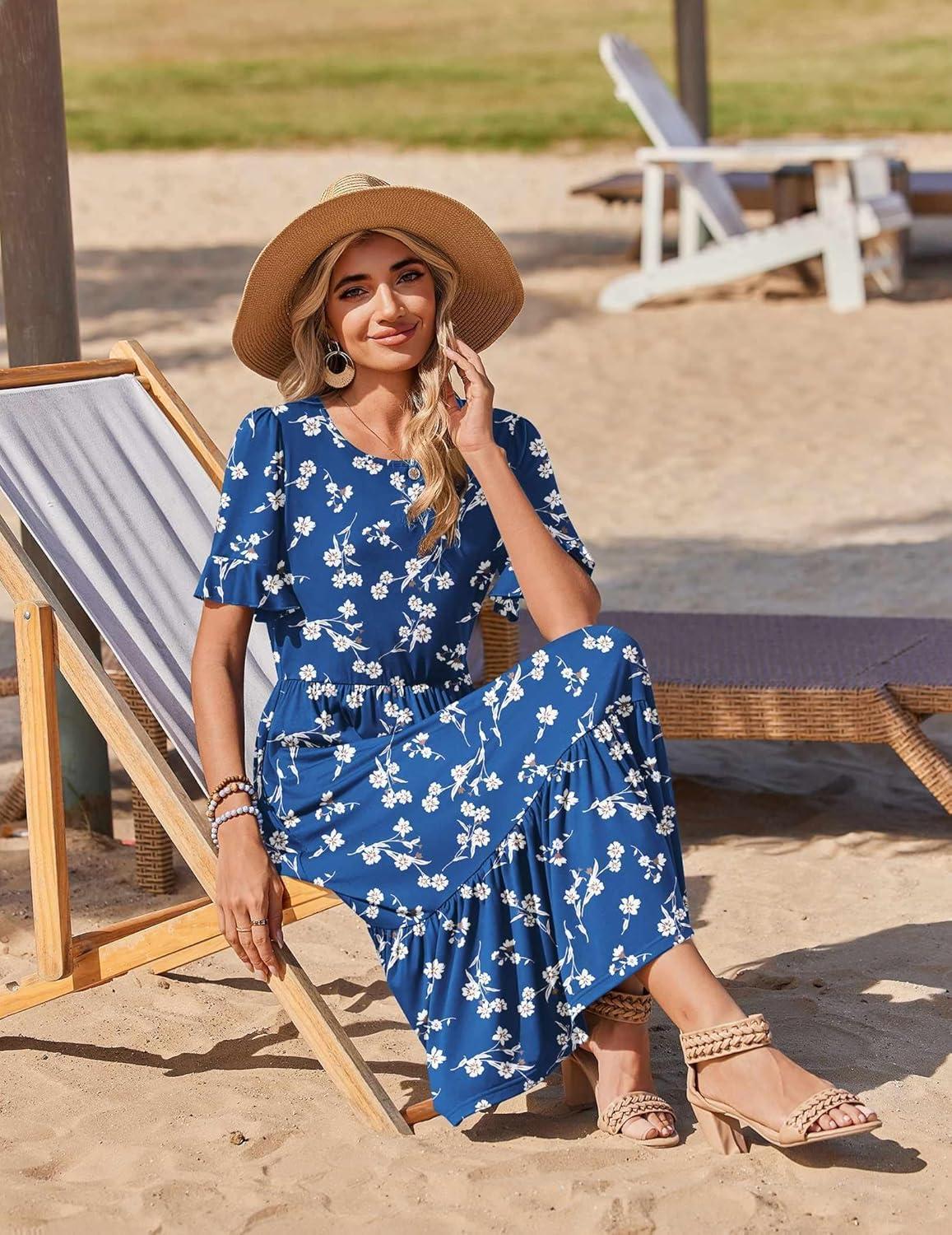 imageZeagoo Womens Summer Dresses 2026 Casual Midi Dress Flowy Sundress Ruffle Short Sleeve Tiered Dresses A Line Boho DressNavy Floral 02