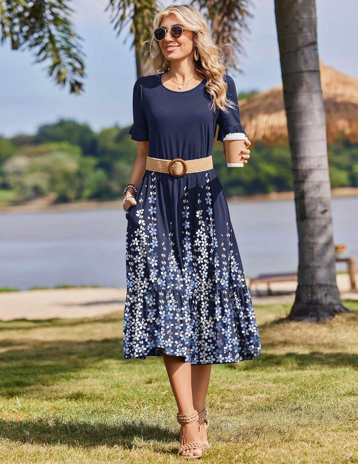 imageZeagoo Womens Summer Dresses 2026 Casual Midi Dress Flowy Sundress Ruffle Short Sleeve Tiered Dresses A Line Boho DressNavy Printed
