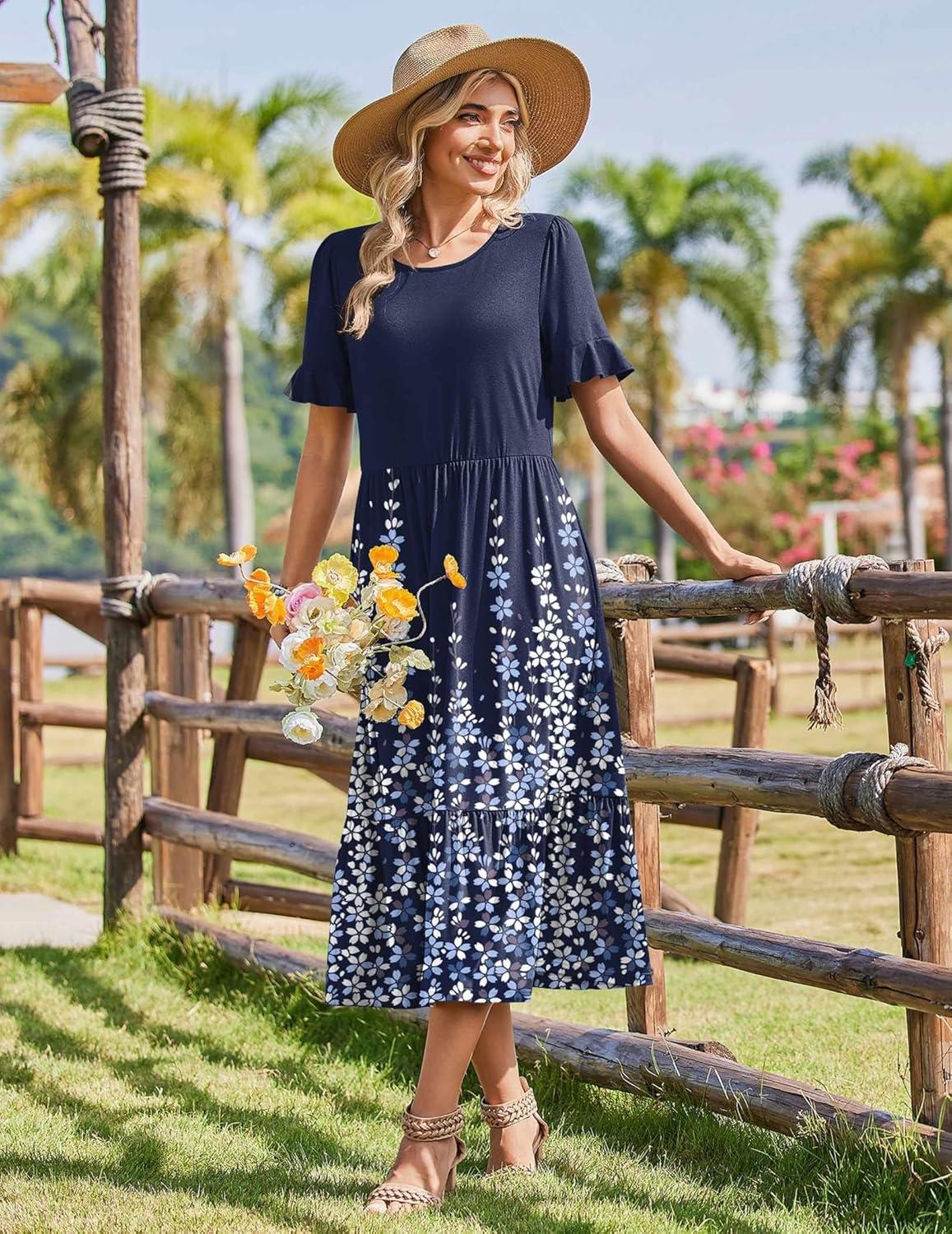 imageZeagoo Womens Summer Dresses 2026 Casual Midi Dress Flowy Sundress Ruffle Short Sleeve Tiered Dresses A Line Boho DressNavy Printed
