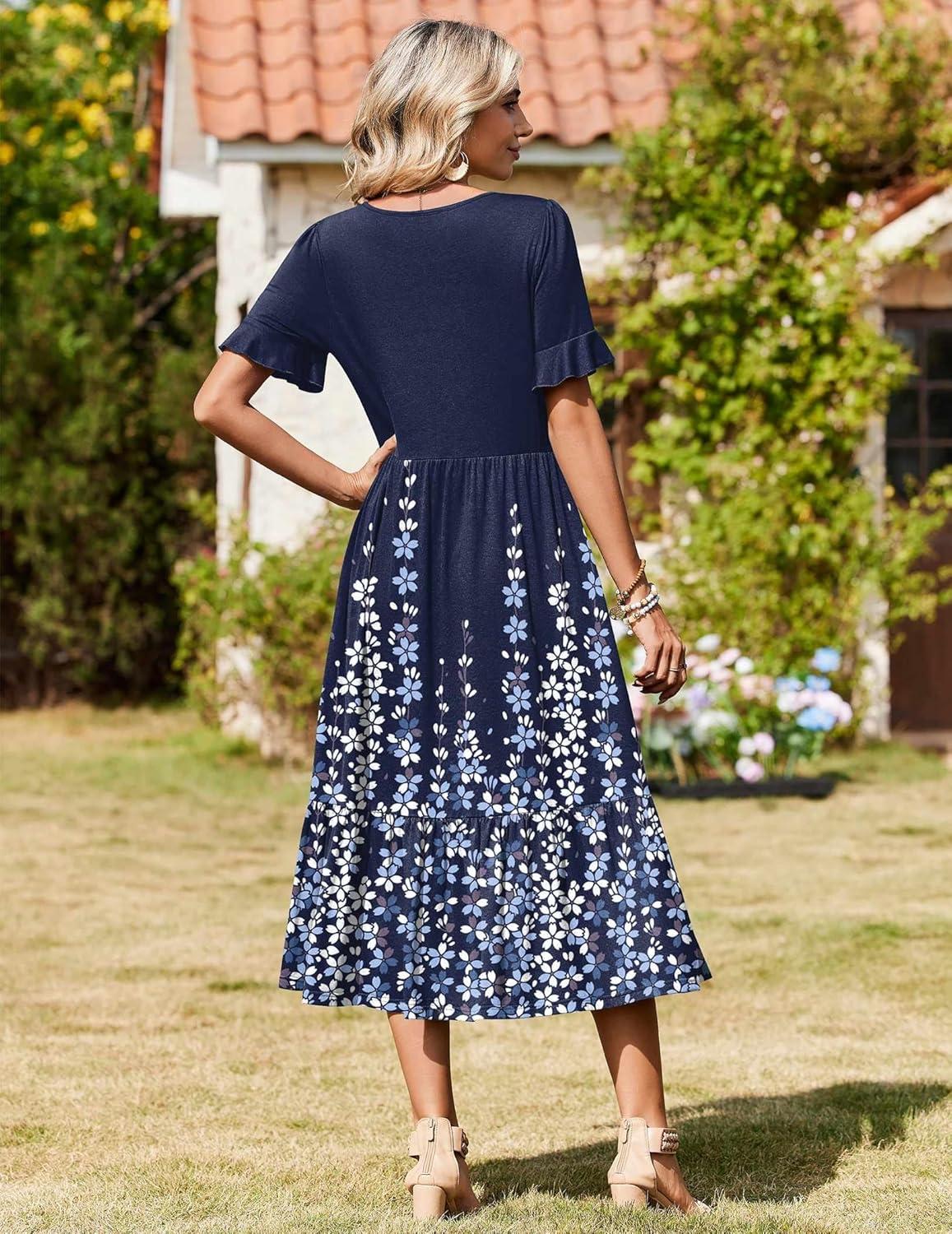 imageZeagoo Womens Summer Dresses 2026 Casual Midi Dress Flowy Sundress Ruffle Short Sleeve Tiered Dresses A Line Boho DressNavy Printed