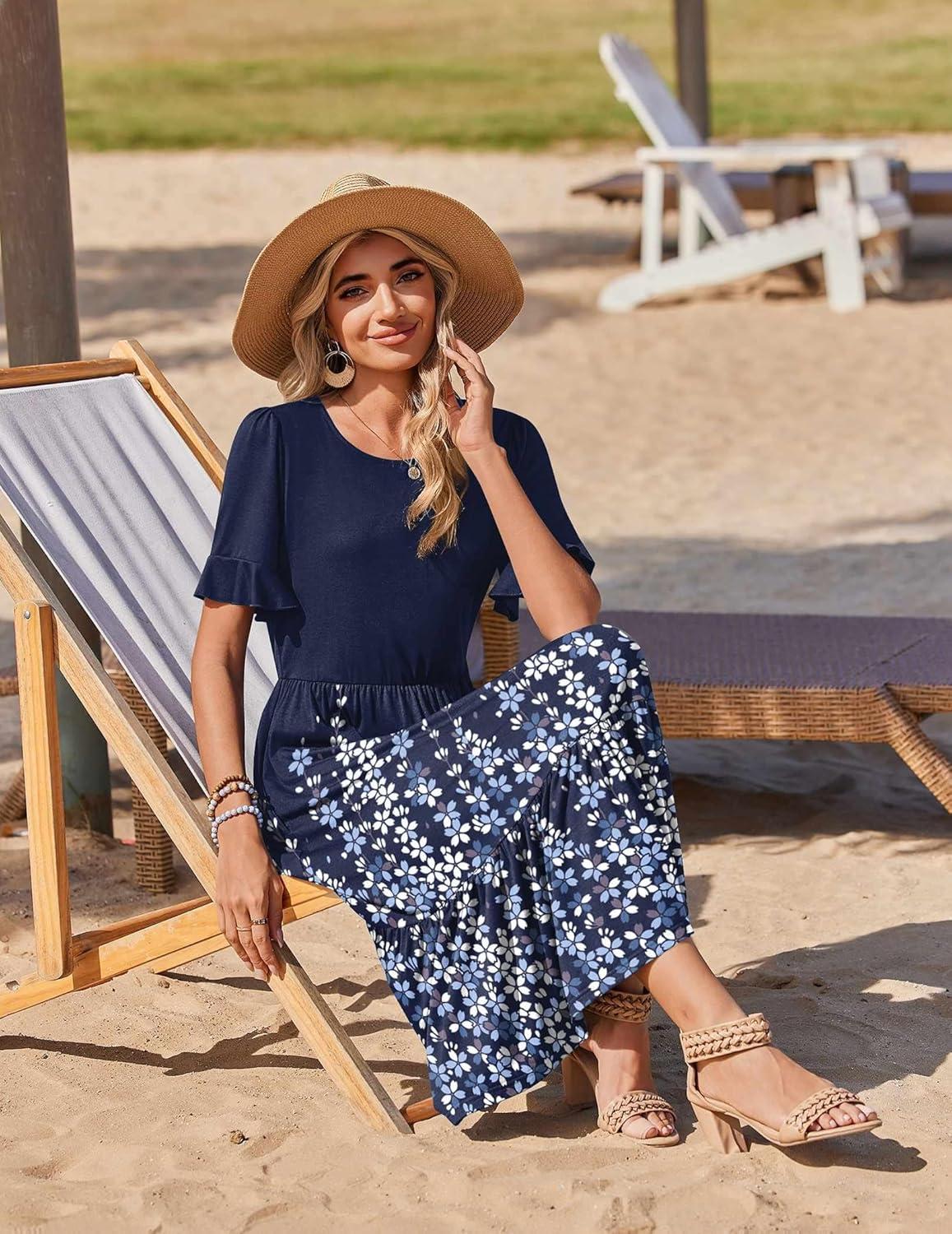 imageZeagoo Womens Summer Dresses 2026 Casual Midi Dress Flowy Sundress Ruffle Short Sleeve Tiered Dresses A Line Boho DressNavy Printed
