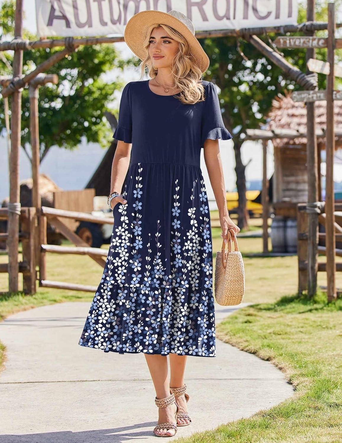 imageZeagoo Womens Summer Dresses 2026 Casual Midi Dress Flowy Sundress Ruffle Short Sleeve Tiered Dresses A Line Boho DressNavy Printed