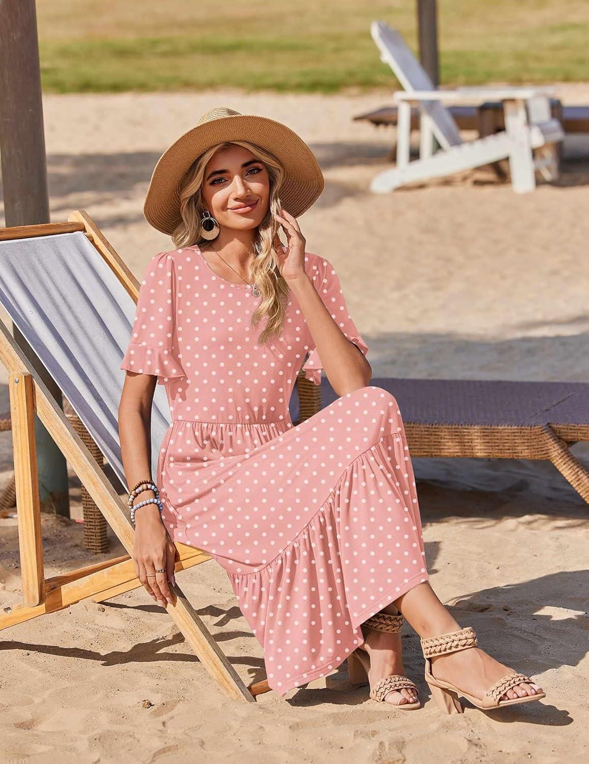 imageZeagoo Womens Summer Dresses 2026 Casual Midi Dress Flowy Sundress Ruffle Short Sleeve Tiered Dresses A Line Boho DressPink Dot