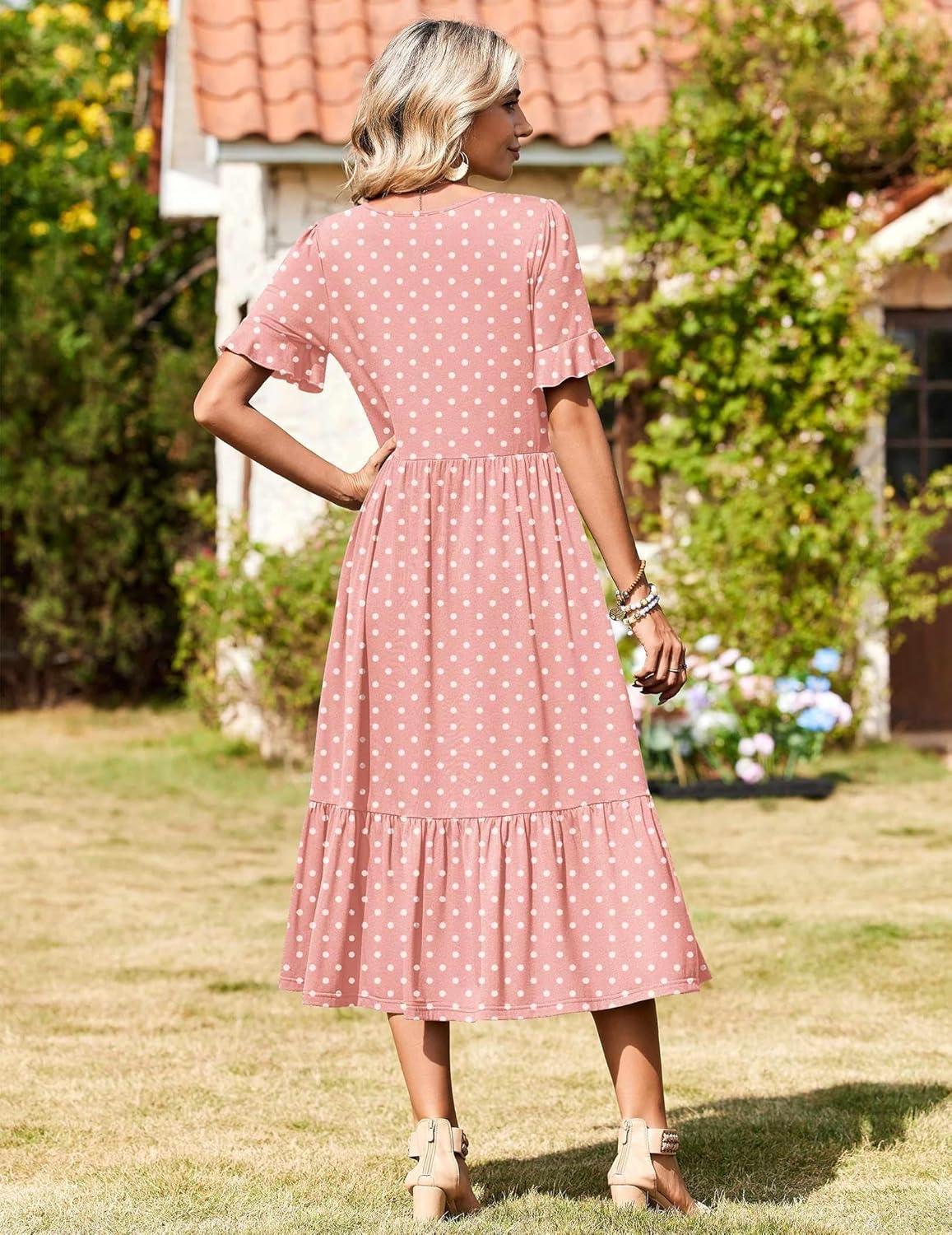imageZeagoo Womens Summer Dresses 2026 Casual Midi Dress Flowy Sundress Ruffle Short Sleeve Tiered Dresses A Line Boho DressPink Dot