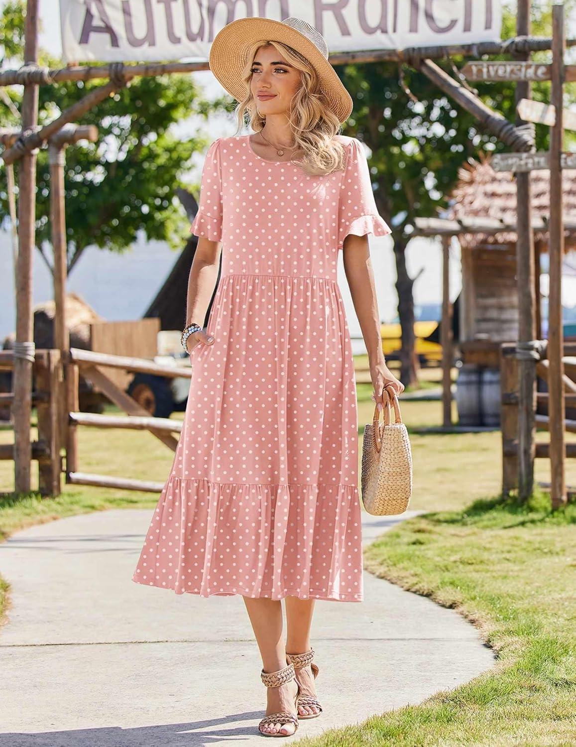 imageZeagoo Womens Summer Dresses 2026 Casual Midi Dress Flowy Sundress Ruffle Short Sleeve Tiered Dresses A Line Boho DressPink Dot