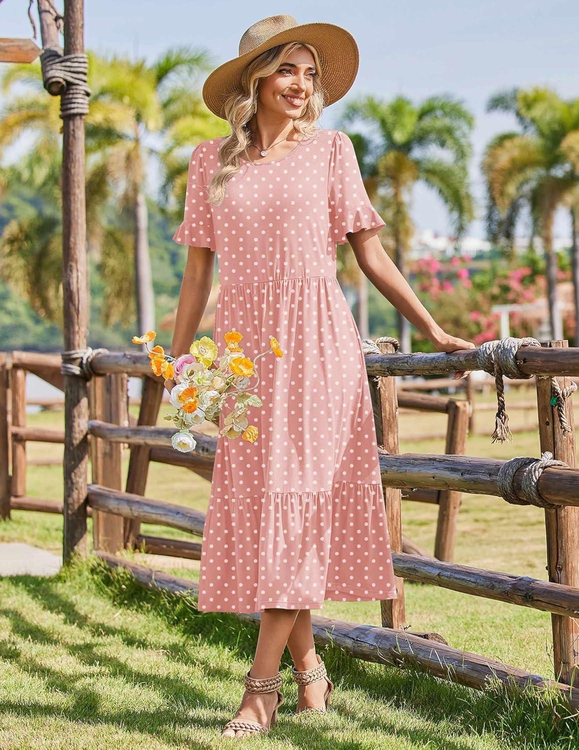 imageZeagoo Womens Summer Dresses 2026 Casual Midi Dress Flowy Sundress Ruffle Short Sleeve Tiered Dresses A Line Boho DressPink Dot