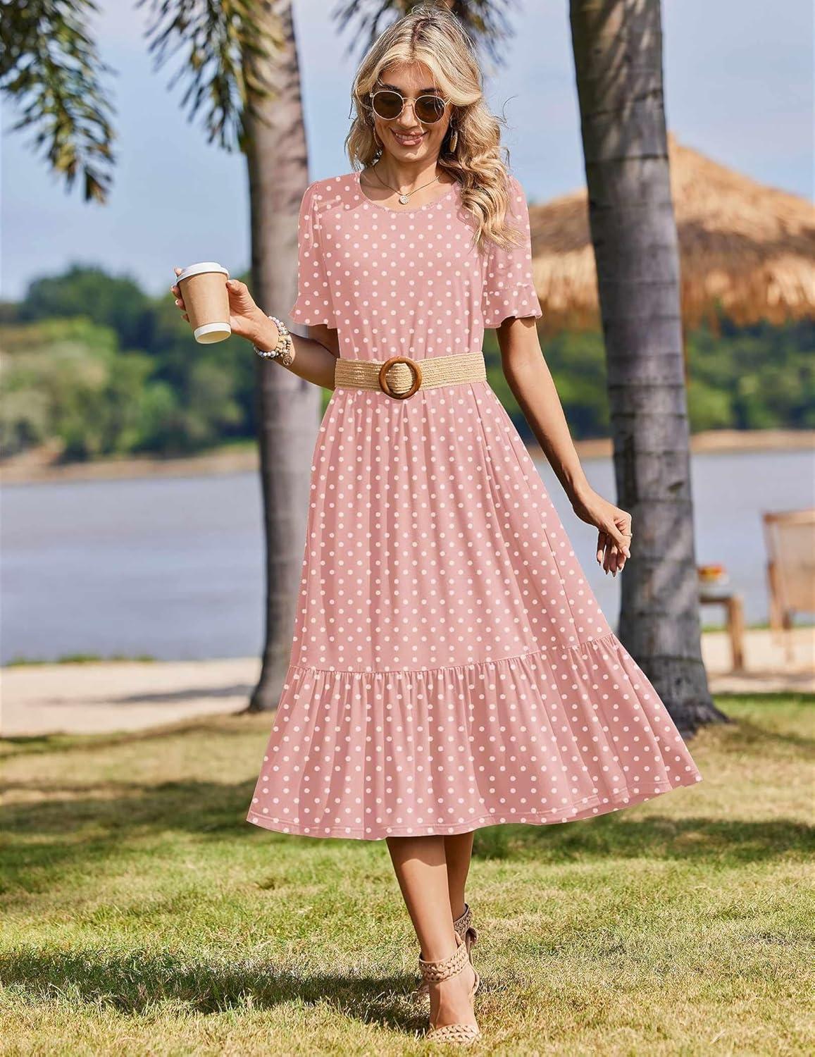 imageZeagoo Womens Summer Dresses 2026 Casual Midi Dress Flowy Sundress Ruffle Short Sleeve Tiered Dresses A Line Boho DressPink Dot