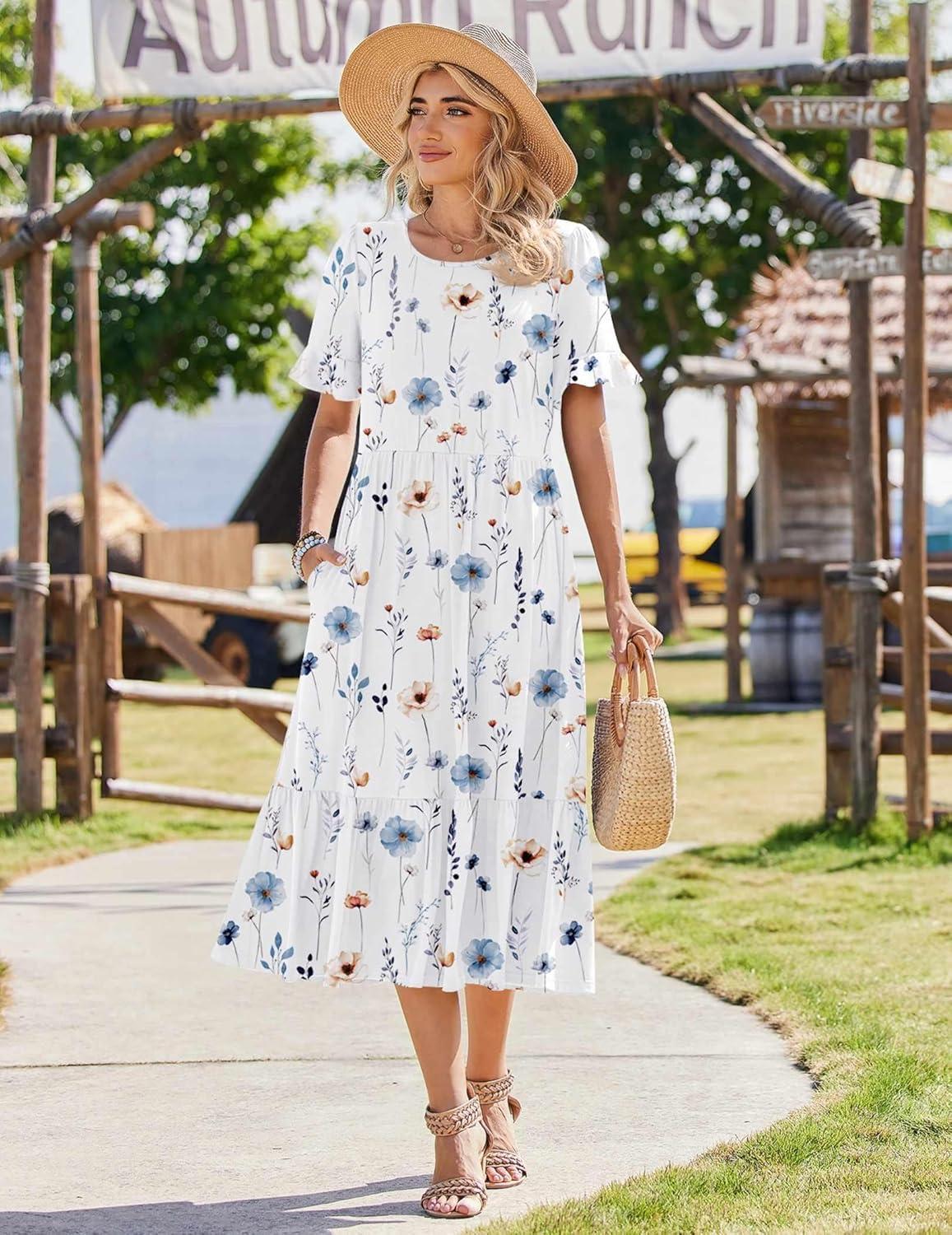 imageZeagoo Womens Summer Dresses 2026 Casual Midi Dress Flowy Sundress Ruffle Short Sleeve Tiered Dresses A Line Boho DressWhite Floral
