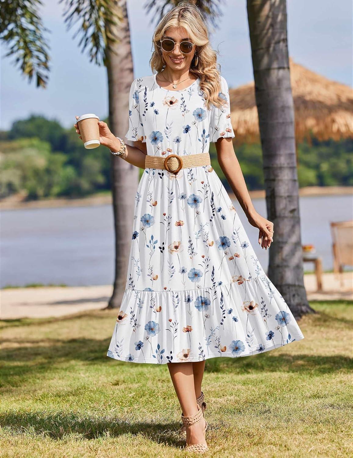 imageZeagoo Womens Summer Dresses 2026 Casual Midi Dress Flowy Sundress Ruffle Short Sleeve Tiered Dresses A Line Boho DressWhite Floral