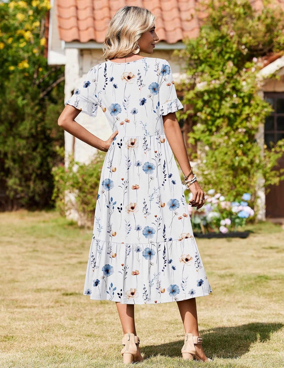 imageZeagoo Womens Summer Dresses 2026 Casual Midi Dress Flowy Sundress Ruffle Short Sleeve Tiered Dresses A Line Boho DressWhite Floral