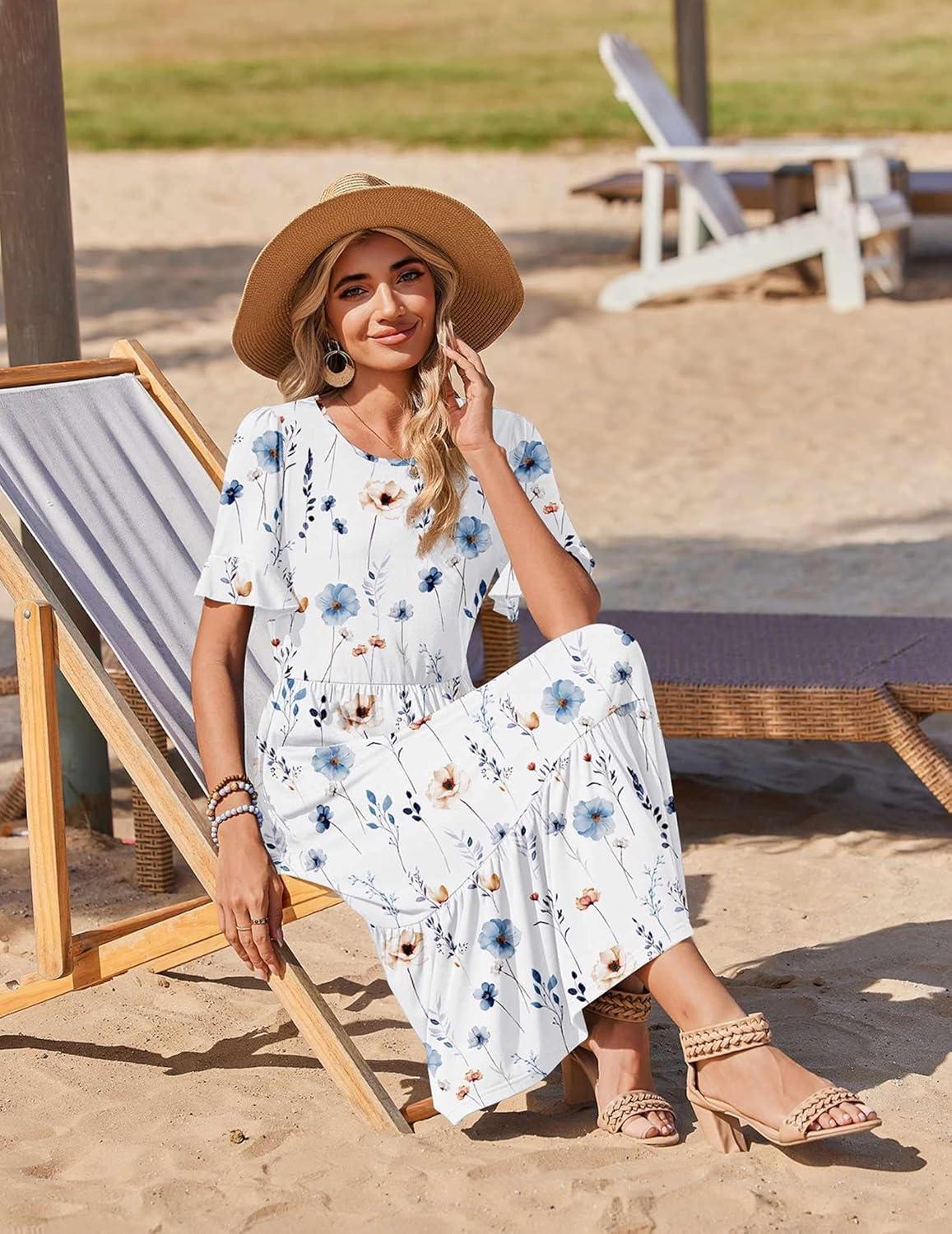 imageZeagoo Womens Summer Dresses 2026 Casual Midi Dress Flowy Sundress Ruffle Short Sleeve Tiered Dresses A Line Boho DressWhite Floral