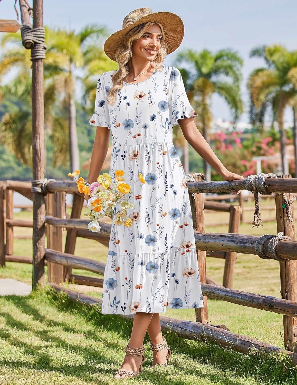 imageZeagoo Womens Summer Dresses 2026 Casual Midi Dress Flowy Sundress Ruffle Short Sleeve Tiered Dresses A Line Boho DressWhite Floral