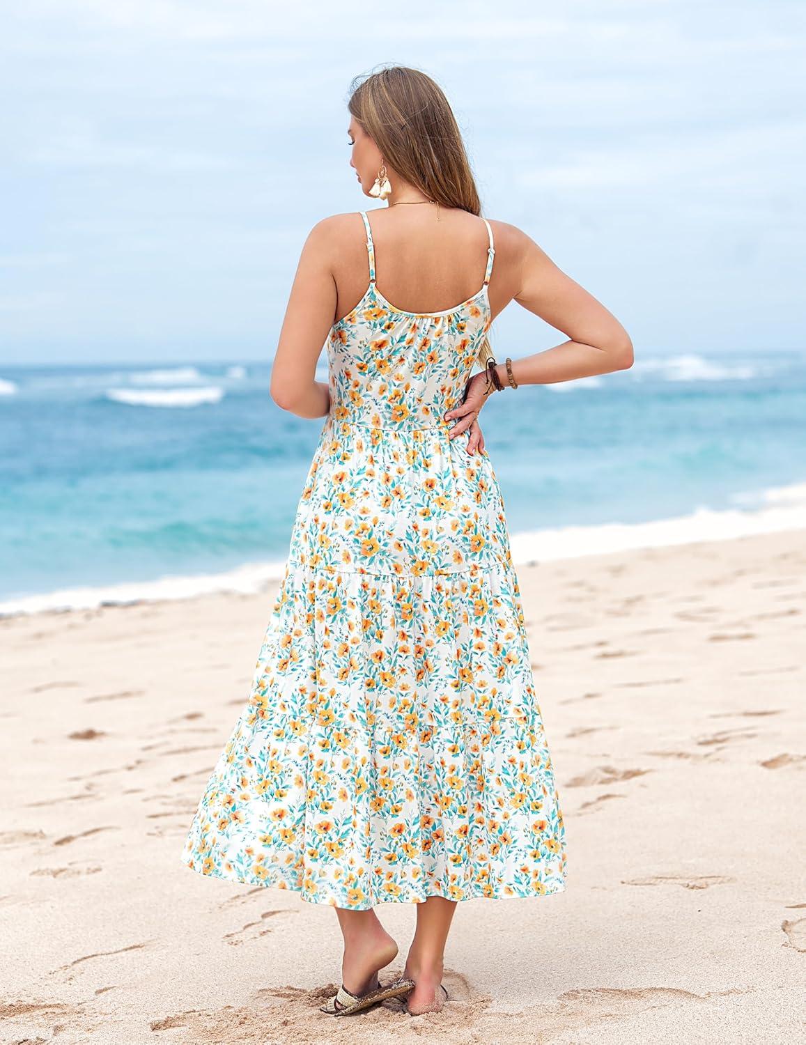 imageZeagoo Womens Summer Long Dress Adjustable Spaghetti Strap Floral Casual Dress with Pockets Flowy Tiered Beach Sundress02 Yellow Blue Floral