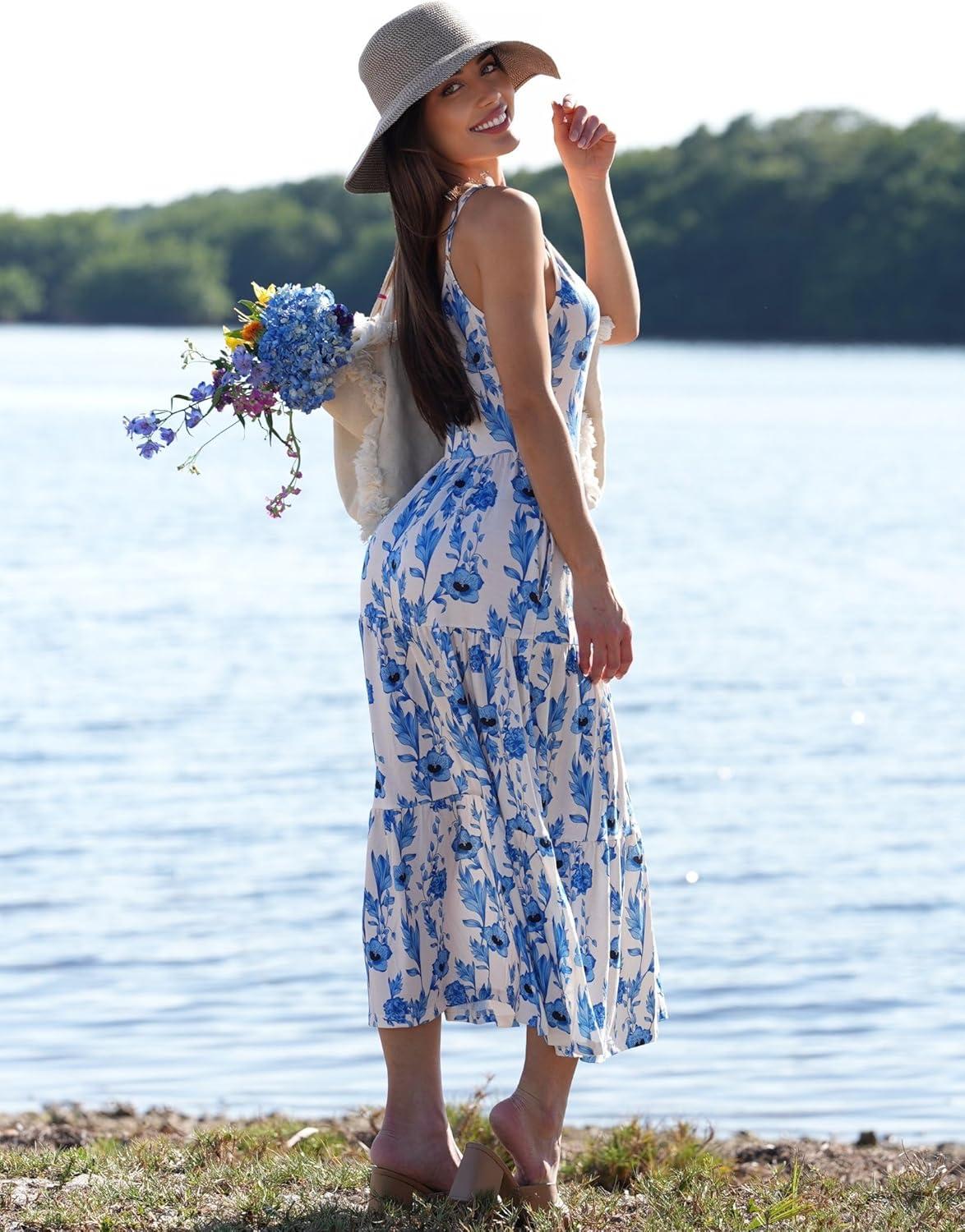 imageZeagoo Womens Summer Long Dress Adjustable Spaghetti Strap Floral Casual Dress with Pockets Flowy Tiered Beach Sundress03 Blue White Floral