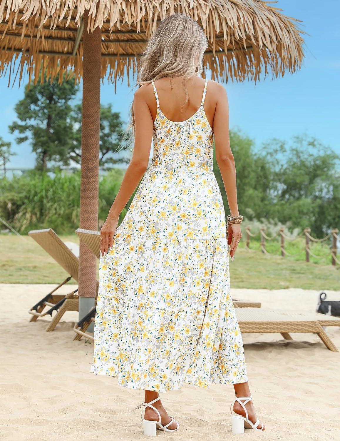 imageZeagoo Womens Summer Long Dress Adjustable Spaghetti Strap Floral Casual Dress with Pockets Flowy Tiered Beach Sundress04 Yellow Floral