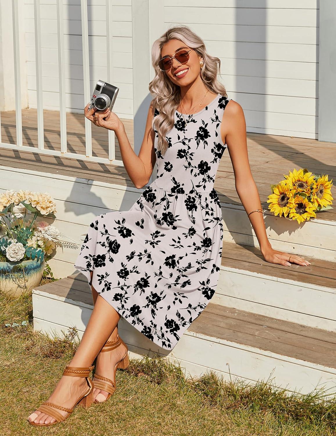 imageZeagoo Womens Summer Tank Midi Dress with Pockets Floral Sleeveless ALine Casual Loose TShirt Dresses Beach Sundress 2026Apricot Floral