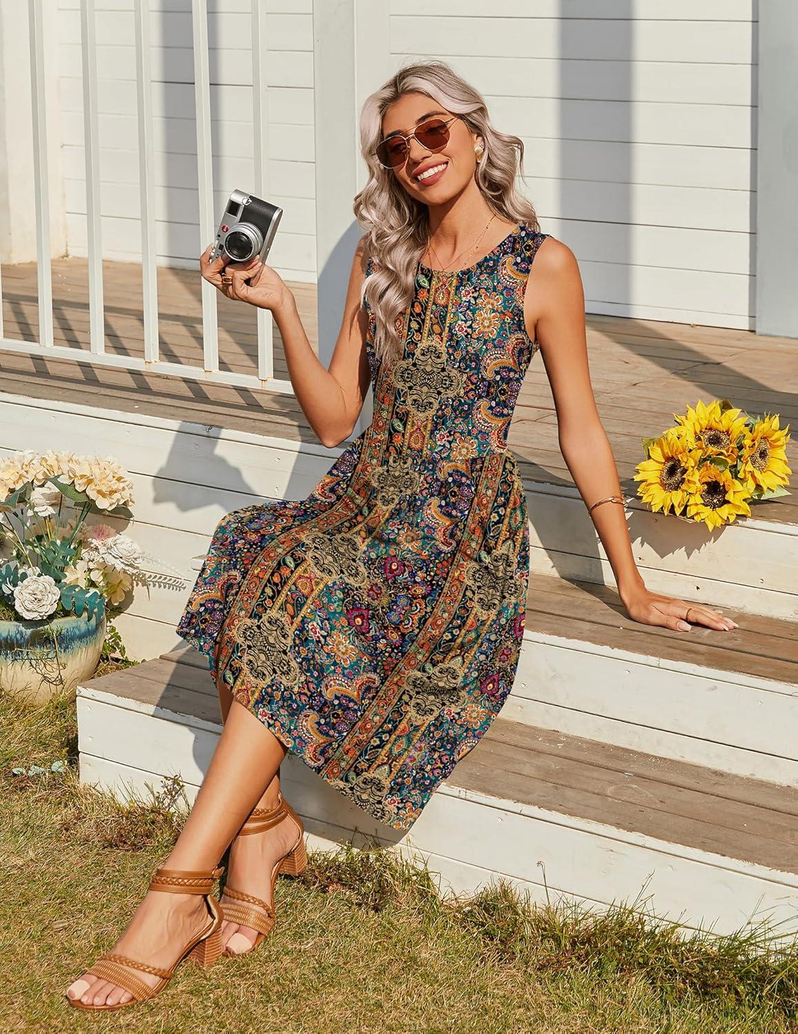 imageZeagoo Womens Summer Tank Midi Dress with Pockets Floral Sleeveless ALine Casual Loose TShirt Dresses Beach Sundress 2026Ethnic Boho Print