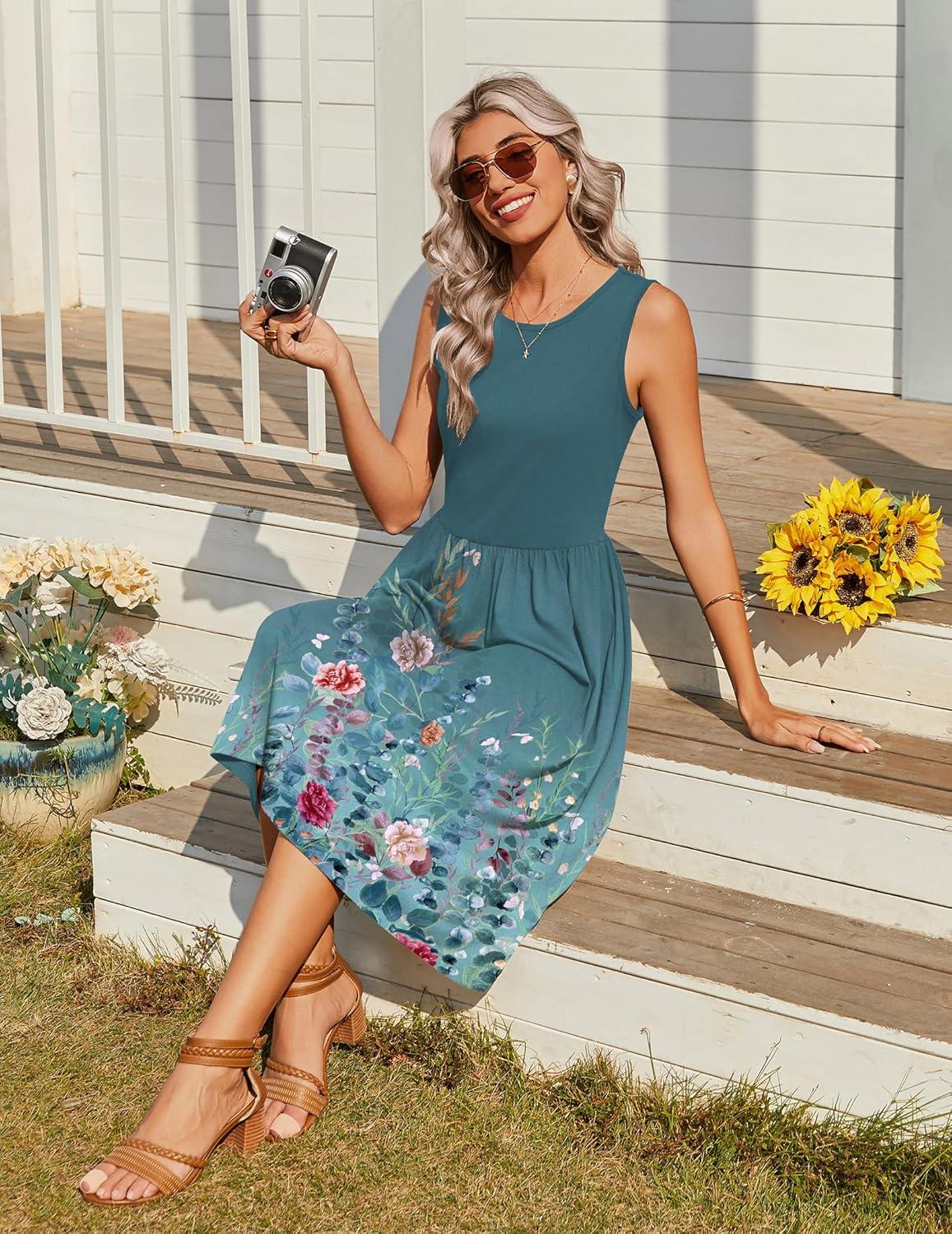imageZeagoo Womens Summer Tank Midi Dress with Pockets Floral Sleeveless ALine Casual Loose TShirt Dresses Beach Sundress 2026Green Floral