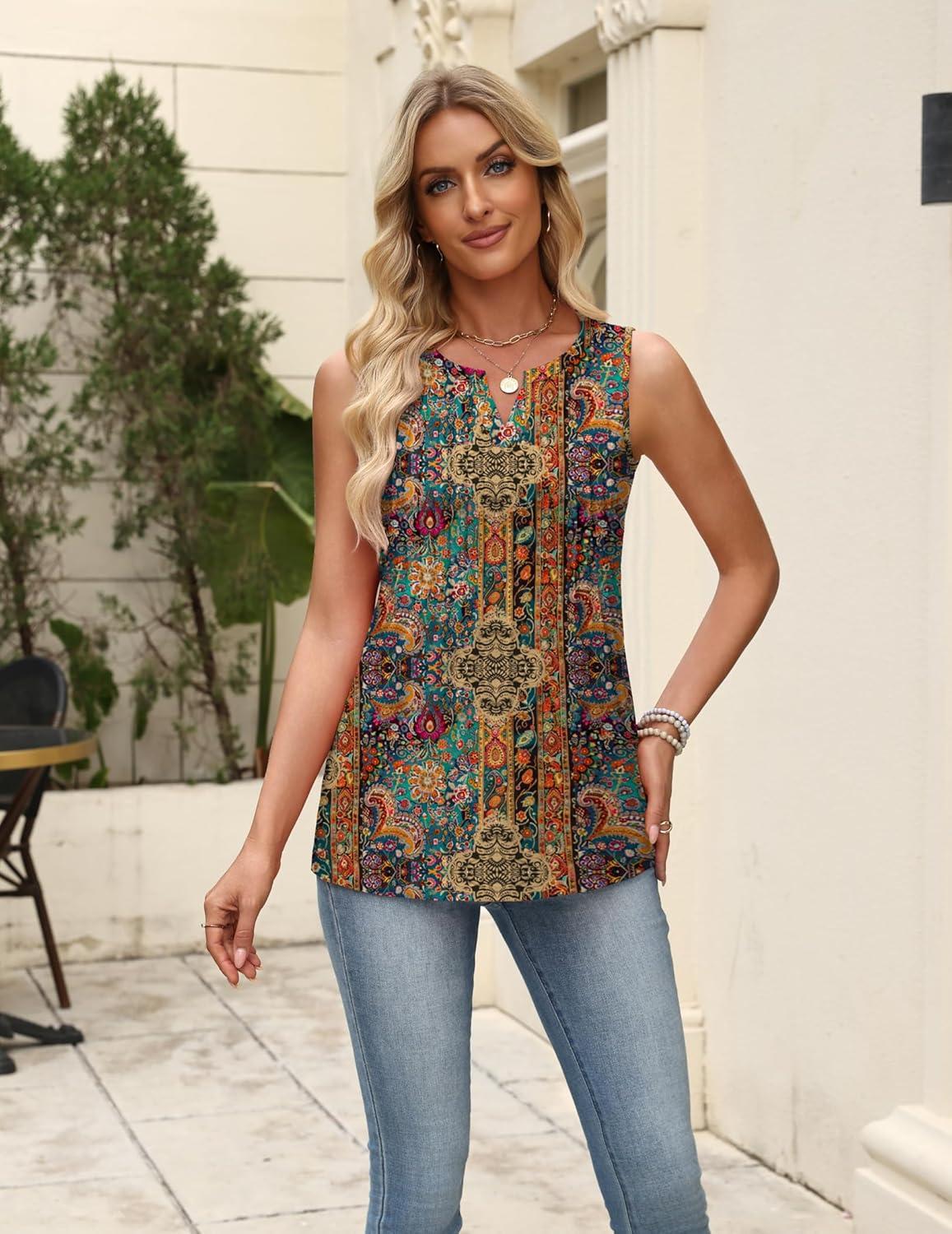 imageZeagoo Womens Summer Tank Tops 2026 Pleated V Neck Floral Loose Fit Casual Flowy Boho Tunic Sleeveless ShirtsMz721