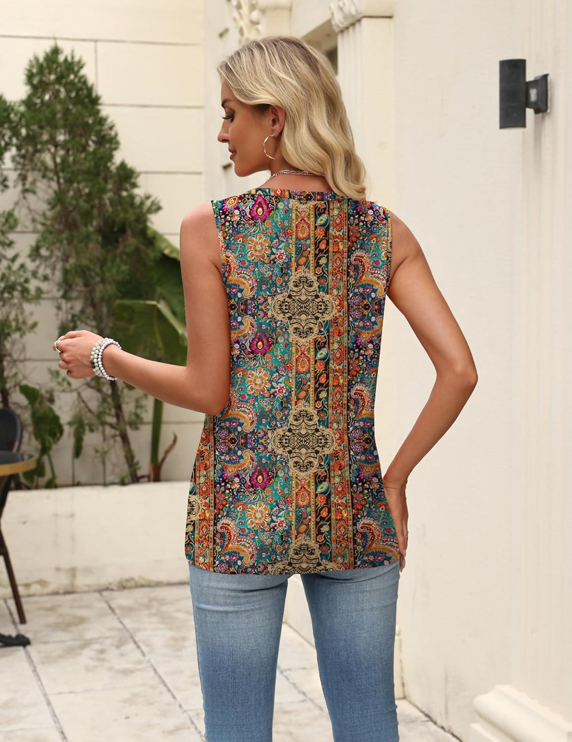 imageZeagoo Womens Summer Tank Tops 2026 Pleated V Neck Floral Loose Fit Casual Flowy Boho Tunic Sleeveless ShirtsMz721