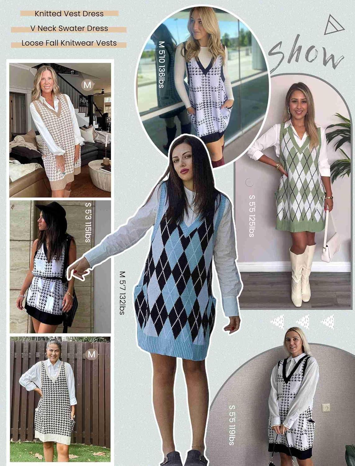 imageZeagoo Womens Sweater Vest Dress Pattern Knitted Pullovers Sweaters V Neck Tank Sweater Dress with PocketsBlue Argyle