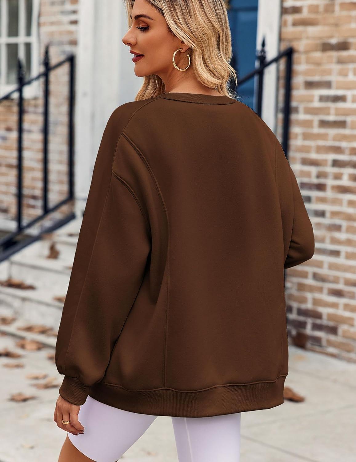 imageZeagoo Womens Sweatshirt Long Sleeve Color Block Fleece Hoodies Fall Casual Crewneck Pullover Tunic Tops 2024Dark Brown