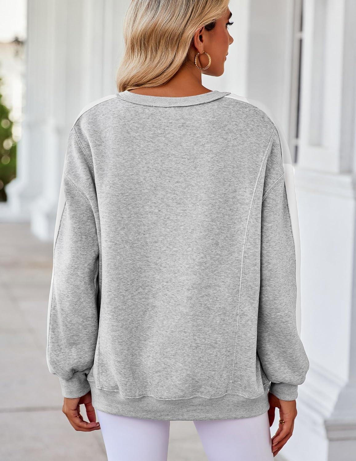 imageZeagoo Womens Sweatshirt Long Sleeve Color Block Fleece Hoodies Fall Casual Crewneck Pullover Tunic Tops 2024Light Grey