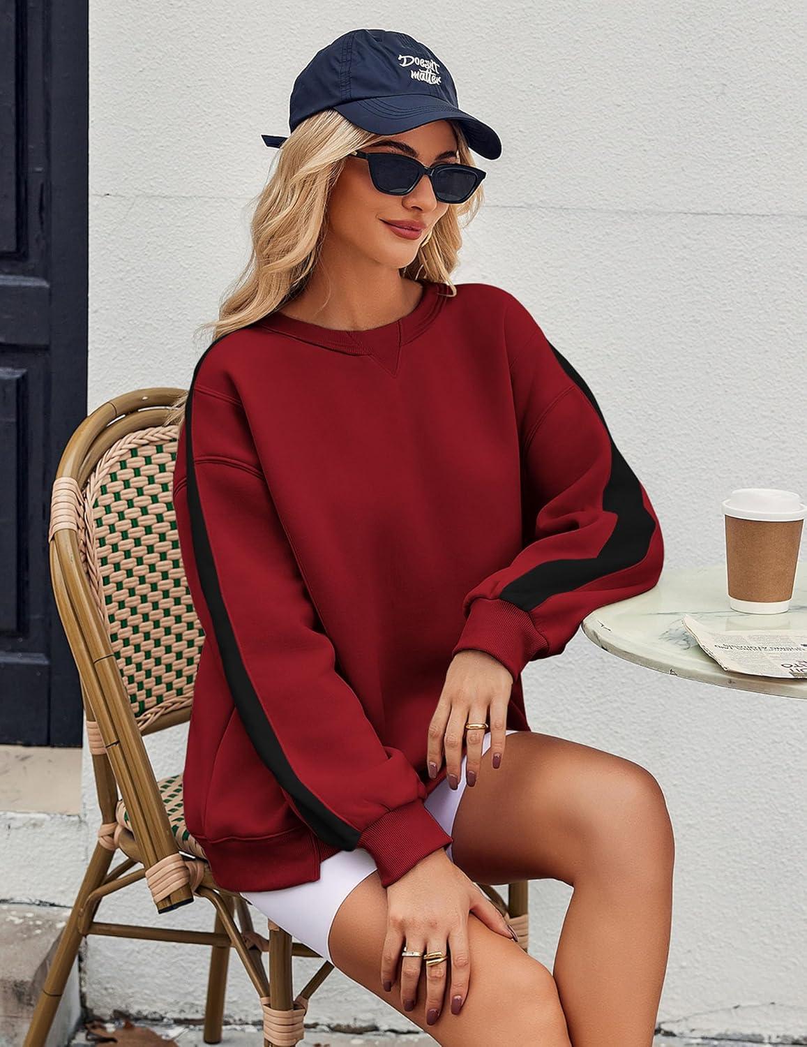 imageZeagoo Womens Sweatshirt Long Sleeve Color Block Fleece Hoodies Fall Casual Crewneck Pullover Tunic Tops 2024Wine Red