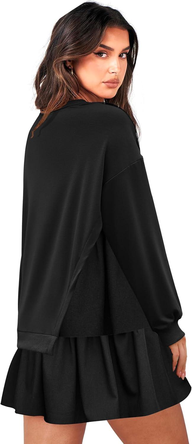 imageZeagoo Womens Sweatshirts Plaid Patchwork Crewneck Preppy Long Sleeve Hoodie 2024 Trendy Teen Girls Flowy Pullover TopBlack