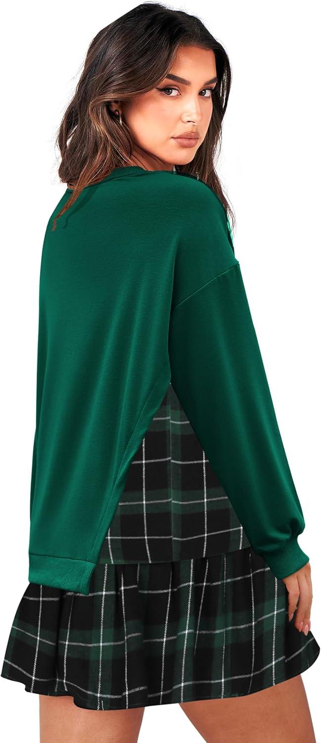 imageZeagoo Womens Sweatshirts Plaid Patchwork Crewneck Preppy Long Sleeve Hoodie 2024 Trendy Teen Girls Flowy Pullover TopGreen Plaid