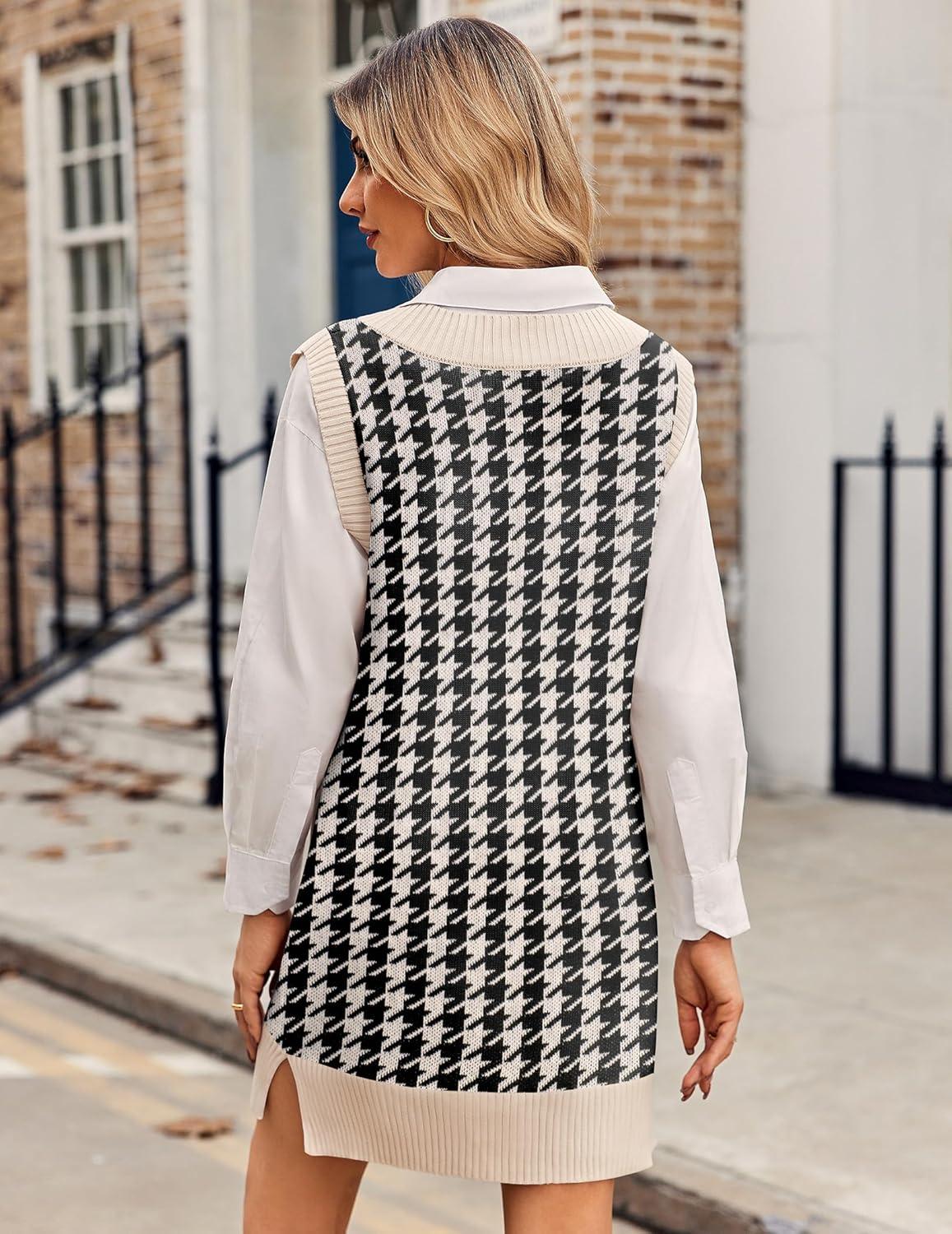 imageZeagoo Womens Tank Sweater Dress Sweater Vest Knitted Pullovers Sweaters 2025Houndstooth Plaid Black