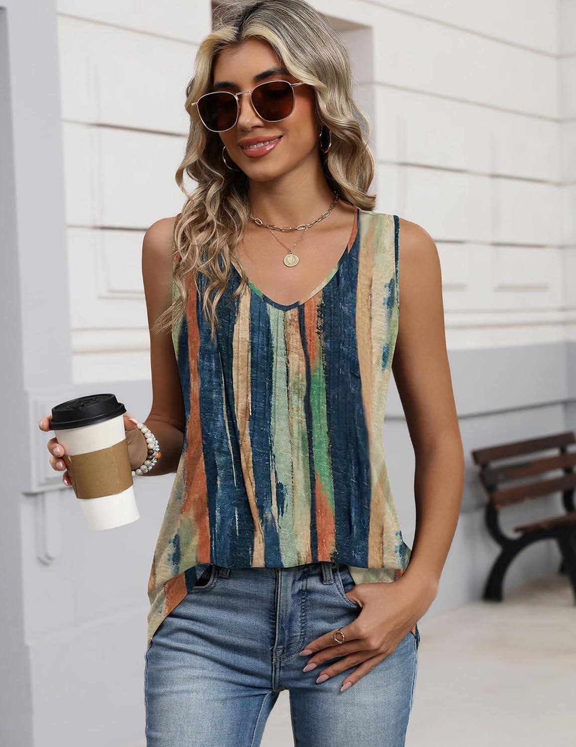 imageZeagoo Womens Tank Tops 2026 Sleeveless Pleated V Neck Loose Fit Summer Clothes Flowy Boho ShirtsFloral Cx289
