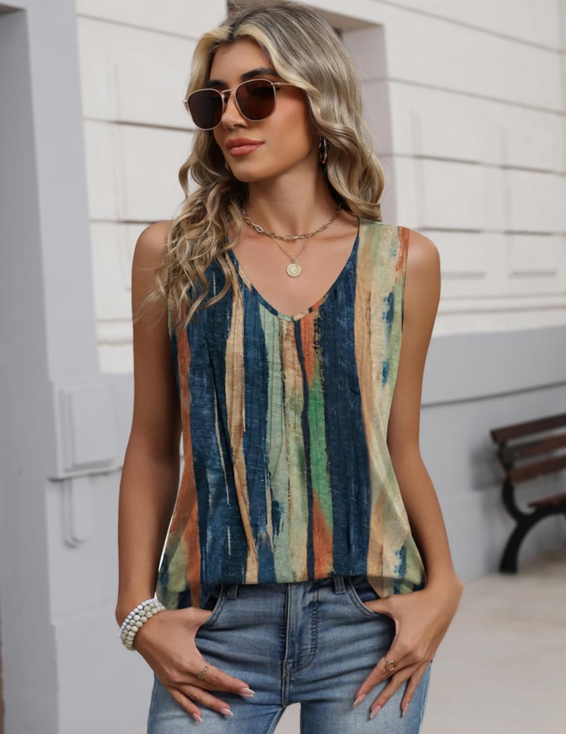 imageZeagoo Womens Tank Tops 2026 Sleeveless Pleated V Neck Loose Fit Summer Clothes Flowy Boho ShirtsFloral Cx289