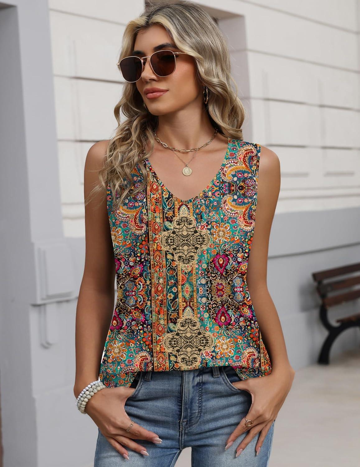 imageZeagoo Womens Tank Tops 2026 Sleeveless Pleated V Neck Loose Fit Summer Clothes Flowy Boho ShirtsFloral Mz721