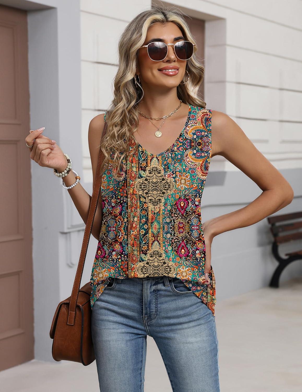 imageZeagoo Womens Tank Tops 2026 Sleeveless Pleated V Neck Loose Fit Summer Clothes Flowy Boho ShirtsFloral Mz721