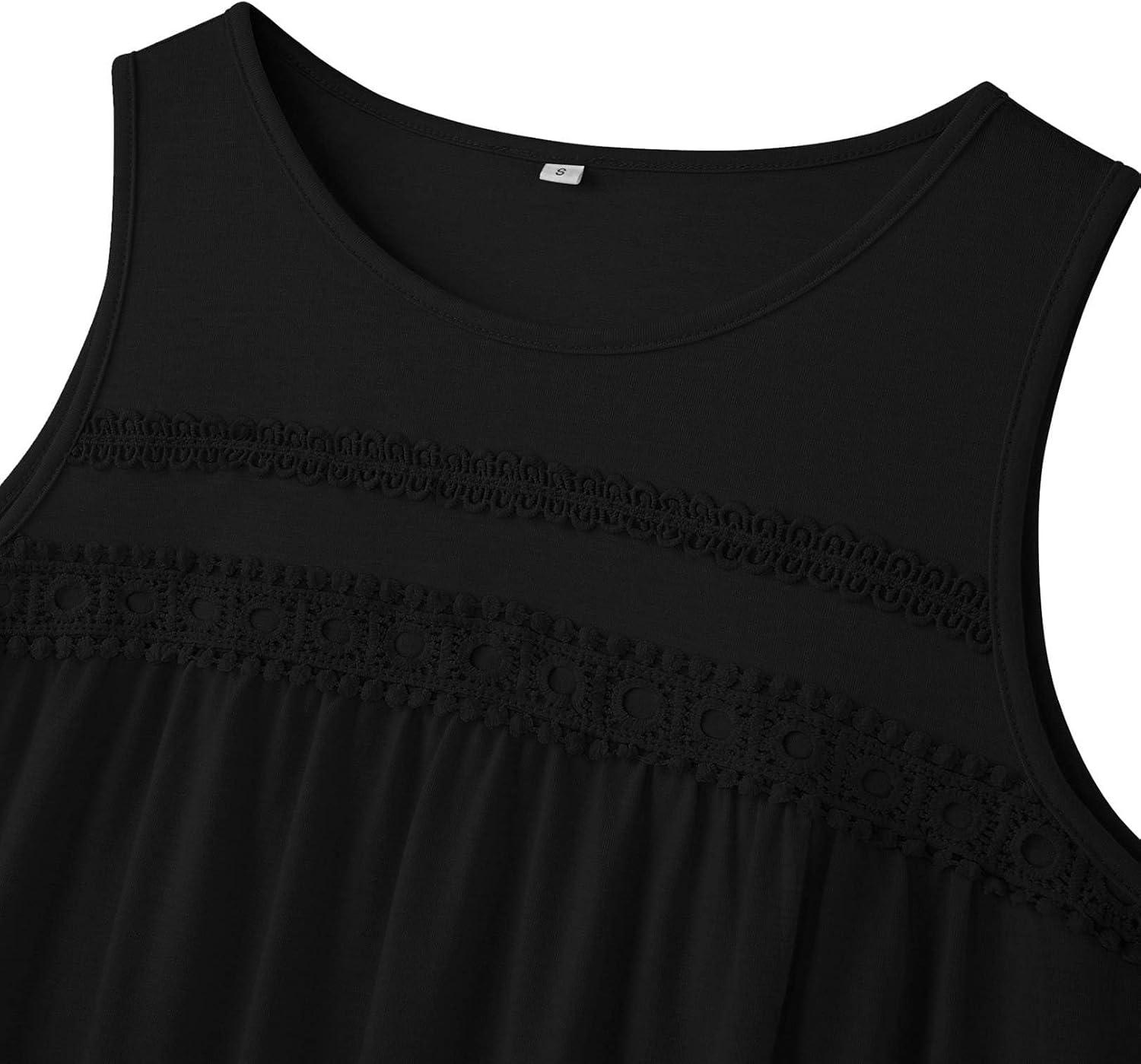 imageZeagoo Womens Tank Tops 2026 Summer Pleated Scoop Neck Sleeveless Lace Crochet Boho Tops Dressy Casual Loose Fit BlousesBlack