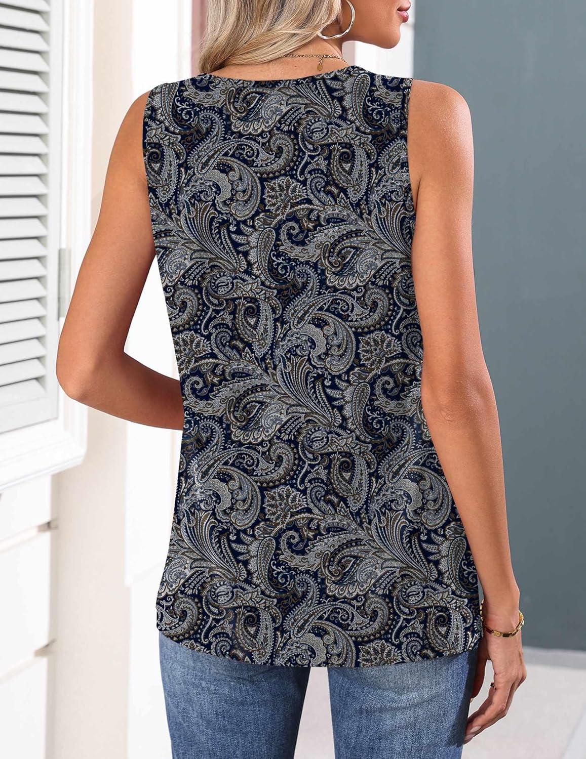 imageZeagoo Womens Tank Tops 2026 Summer Pleated Scoop Neck Sleeveless Lace Crochet Boho Tops Dressy Casual Loose Fit BlousesBlack Boho Print