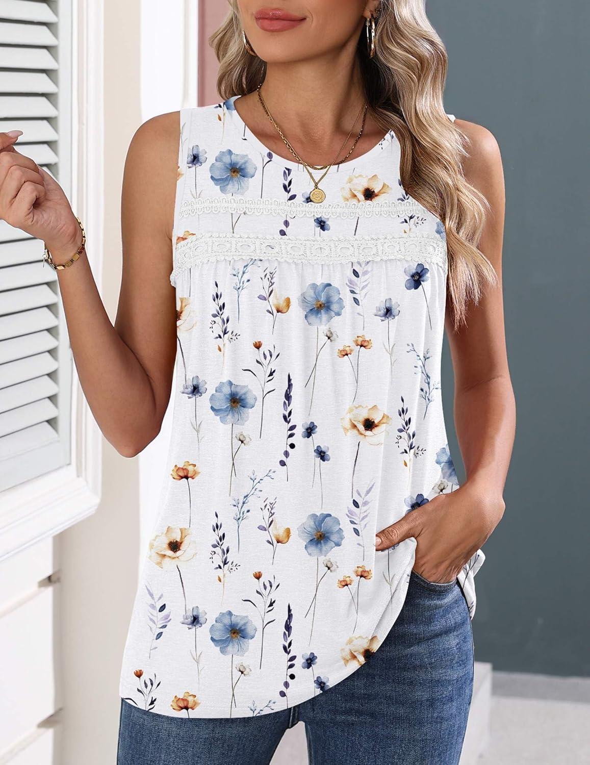 imageZeagoo Womens Tank Tops 2026 Summer Pleated Scoop Neck Sleeveless Lace Crochet Boho Tops Dressy Casual Loose Fit BlousesBlue Flower