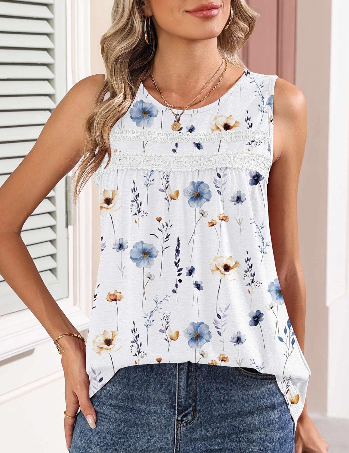 imageZeagoo Womens Tank Tops 2026 Summer Pleated Scoop Neck Sleeveless Lace Crochet Boho Tops Dressy Casual Loose Fit BlousesBlue Flower