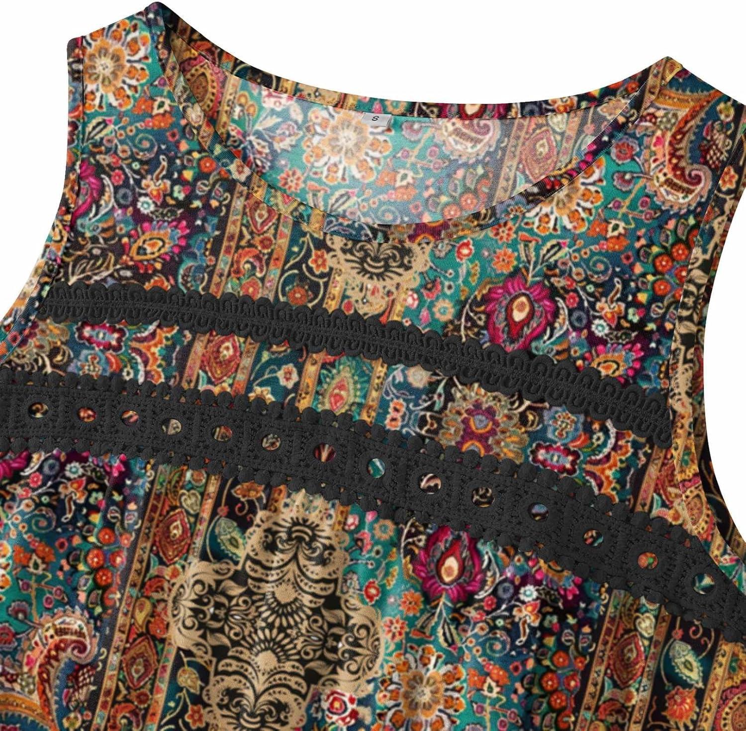 imageZeagoo Womens Tank Tops 2026 Summer Pleated Scoop Neck Sleeveless Lace Crochet Boho Tops Dressy Casual Loose Fit BlousesBrown Boho Print