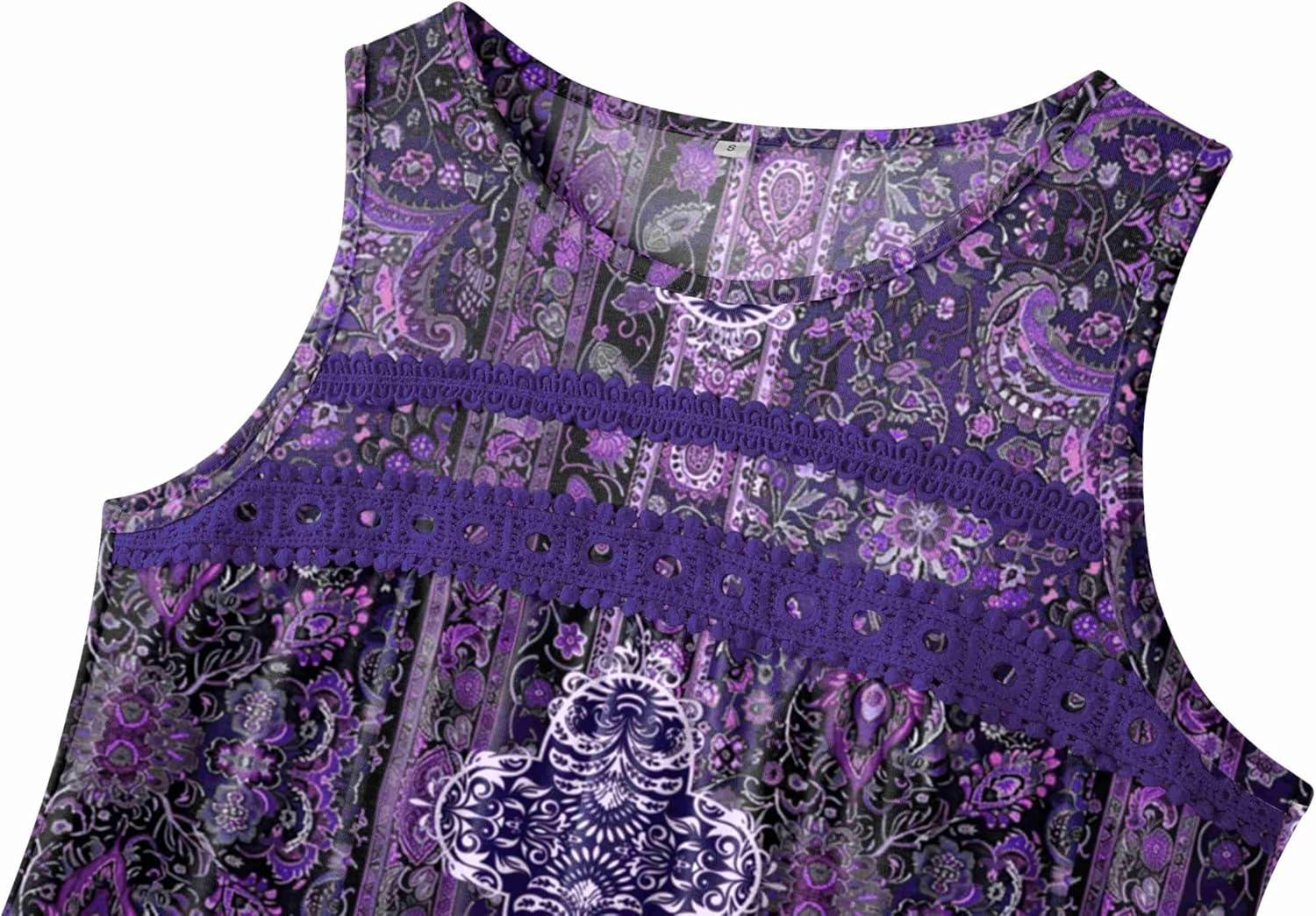 imageZeagoo Womens Tank Tops 2026 Summer Pleated Scoop Neck Sleeveless Lace Crochet Boho Tops Dressy Casual Loose Fit BlousesPurple Boho Print