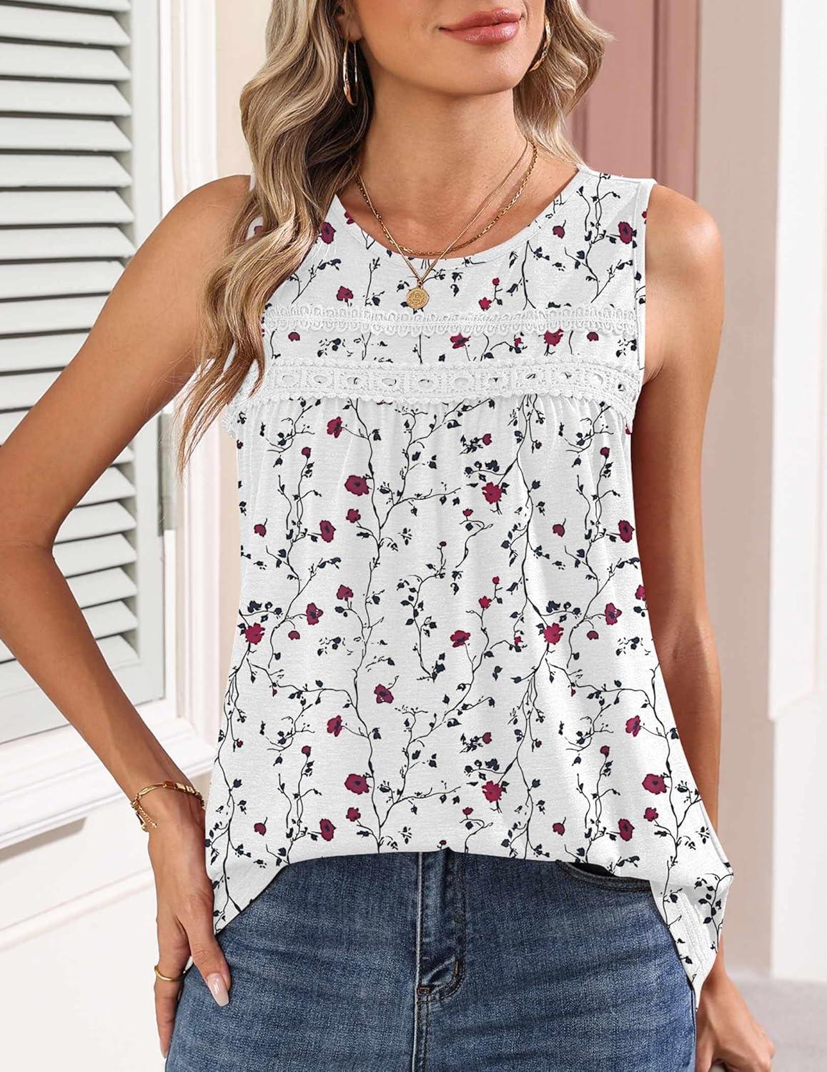 imageZeagoo Womens Tank Tops 2026 Summer Pleated Scoop Neck Sleeveless Lace Crochet Boho Tops Dressy Casual Loose Fit BlousesWhite Red Flower