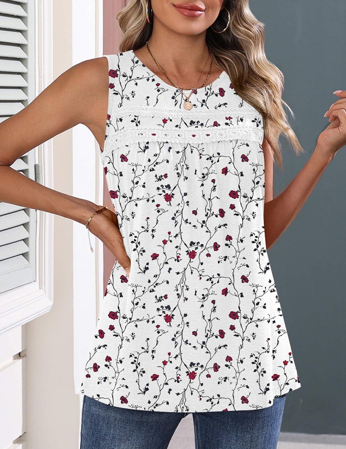 imageZeagoo Womens Tank Tops 2026 Summer Pleated Scoop Neck Sleeveless Lace Crochet Boho Tops Dressy Casual Loose Fit BlousesWhite Red Flower