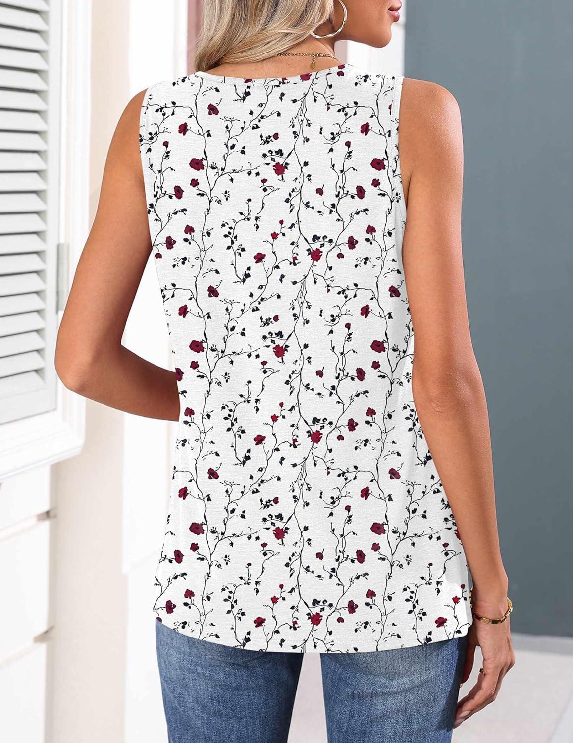 imageZeagoo Womens Tank Tops 2026 Summer Pleated Scoop Neck Sleeveless Lace Crochet Boho Tops Dressy Casual Loose Fit BlousesWhite Red Flower