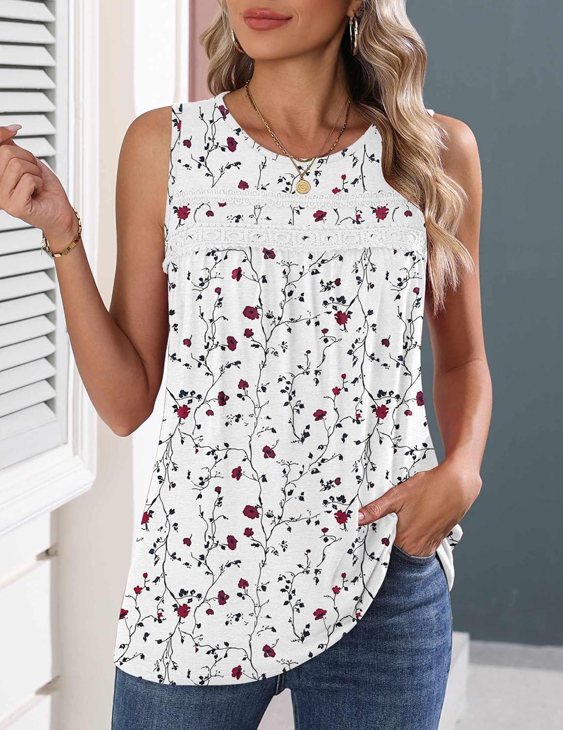imageZeagoo Womens Tank Tops 2026 Summer Pleated Scoop Neck Sleeveless Lace Crochet Boho Tops Dressy Casual Loose Fit BlousesWhite Red Flower