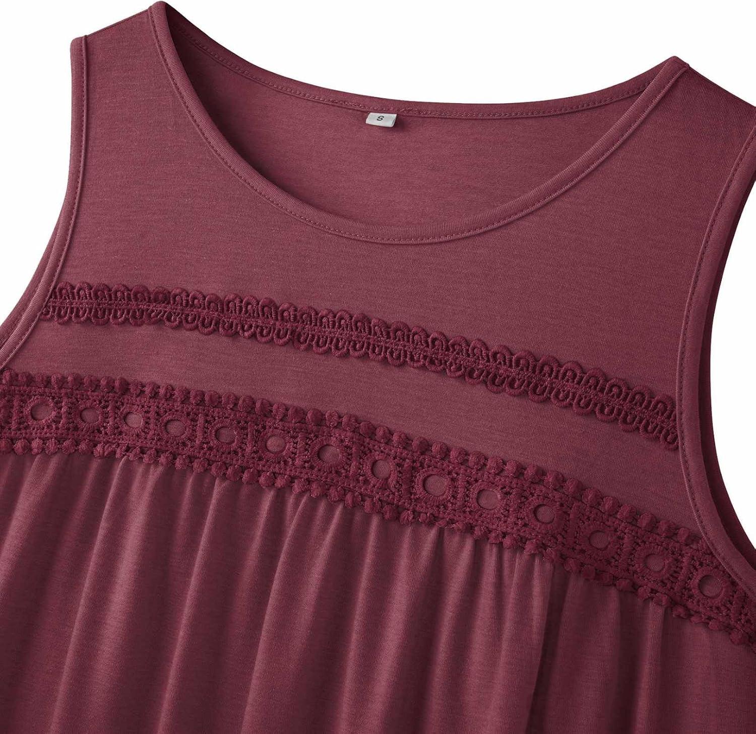 imageZeagoo Womens Tank Tops 2026 Summer Pleated Scoop Neck Sleeveless Lace Crochet Boho Tops Dressy Casual Loose Fit BlousesWine Red
