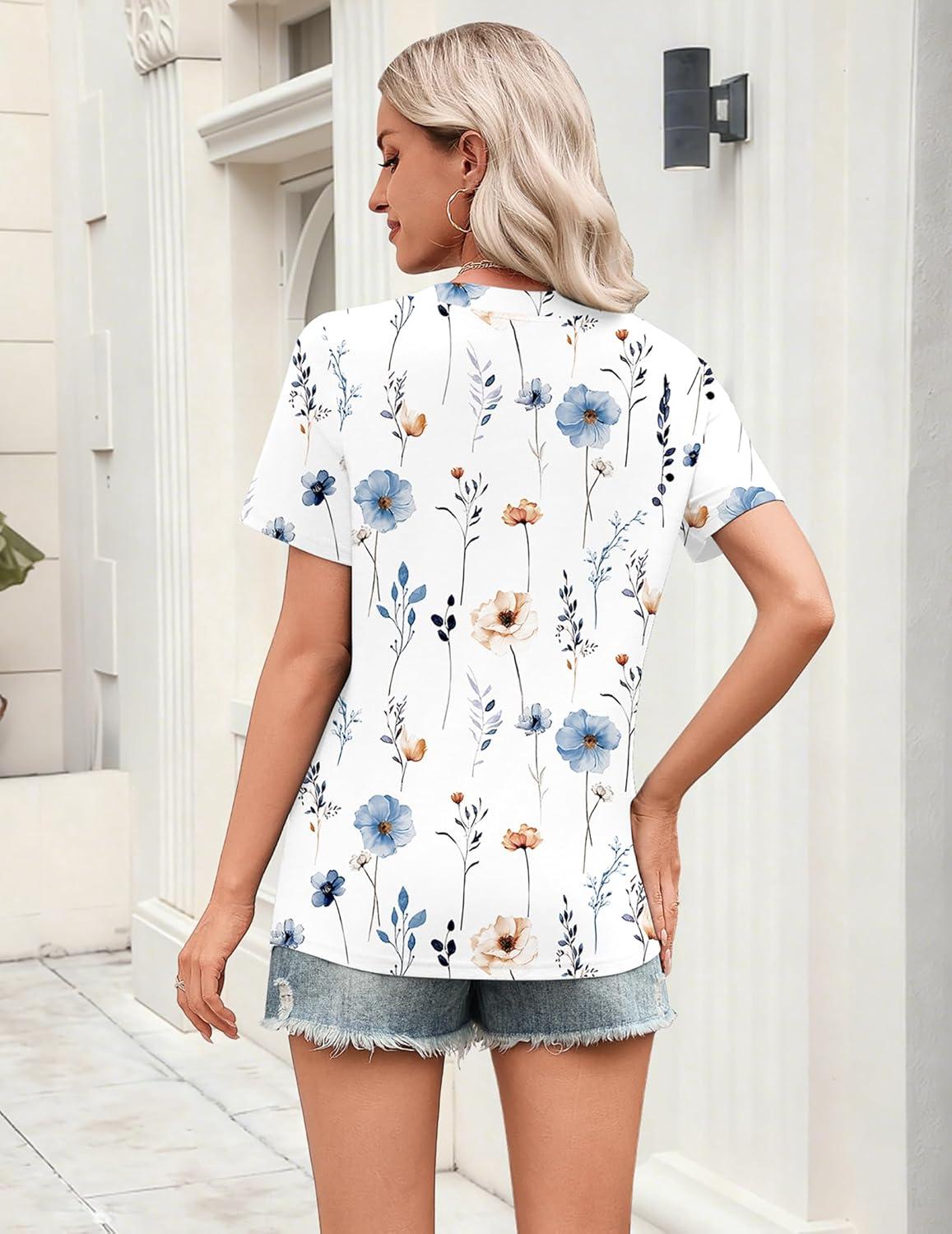 imageZeagoo Womens Tops Short Sleeve V Neck Tee Shirts Cute Dressy Casual Clothing Business Work BlouseAwhite Flowers Bf290