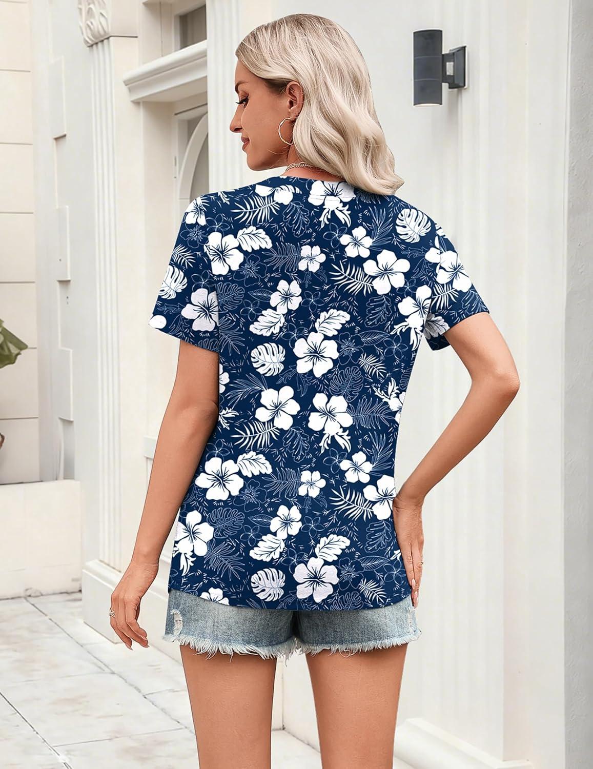 imageZeagoo Womens Tops Short Sleeve V Neck Tee Shirts Cute Dressy Casual Clothing Business Work BlouseBlue Floral Sf157