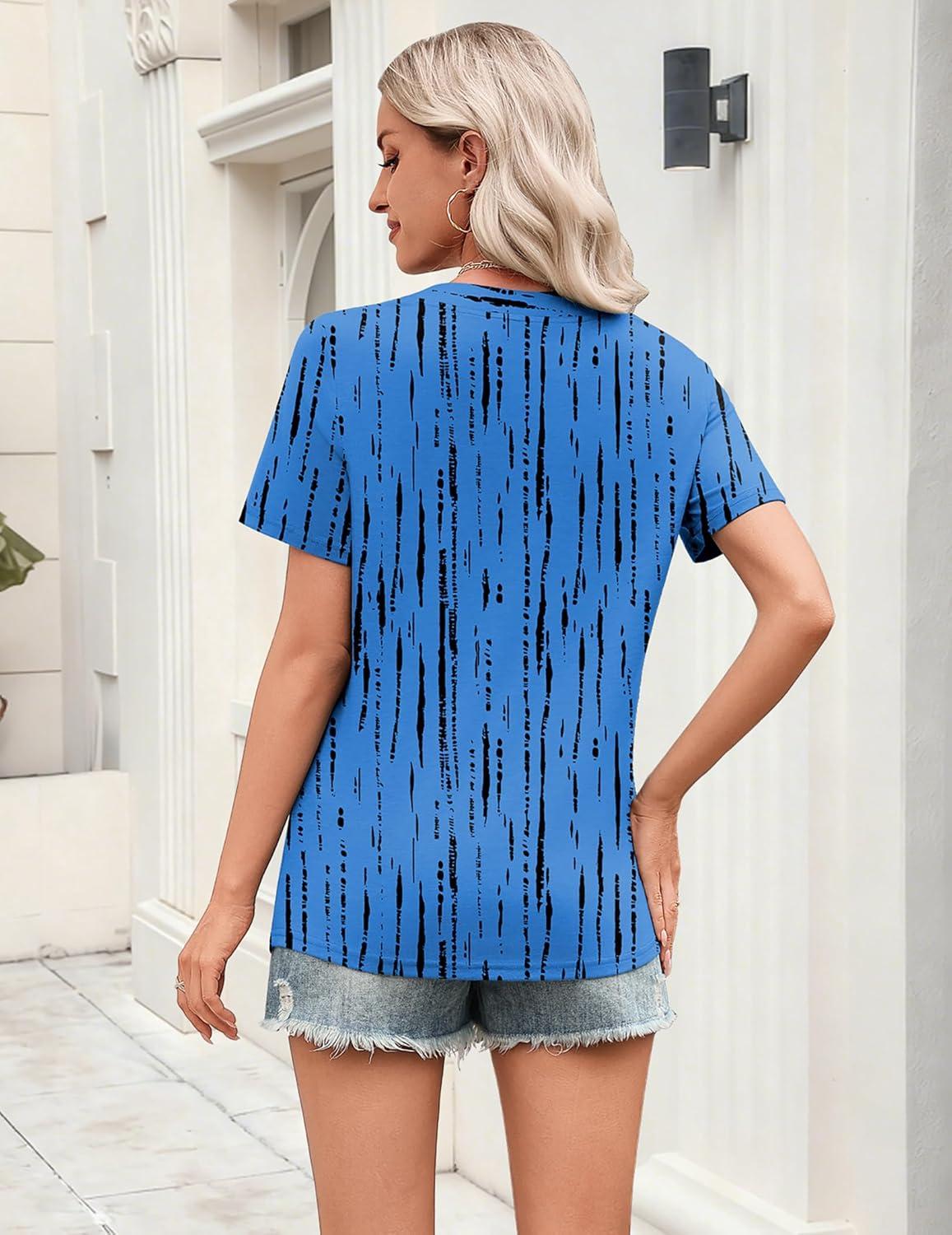 imageZeagoo Womens Tops Short Sleeve V Neck Tee Shirts Cute Dressy Casual Clothing Business Work BlouseBlue Stripes Zr459