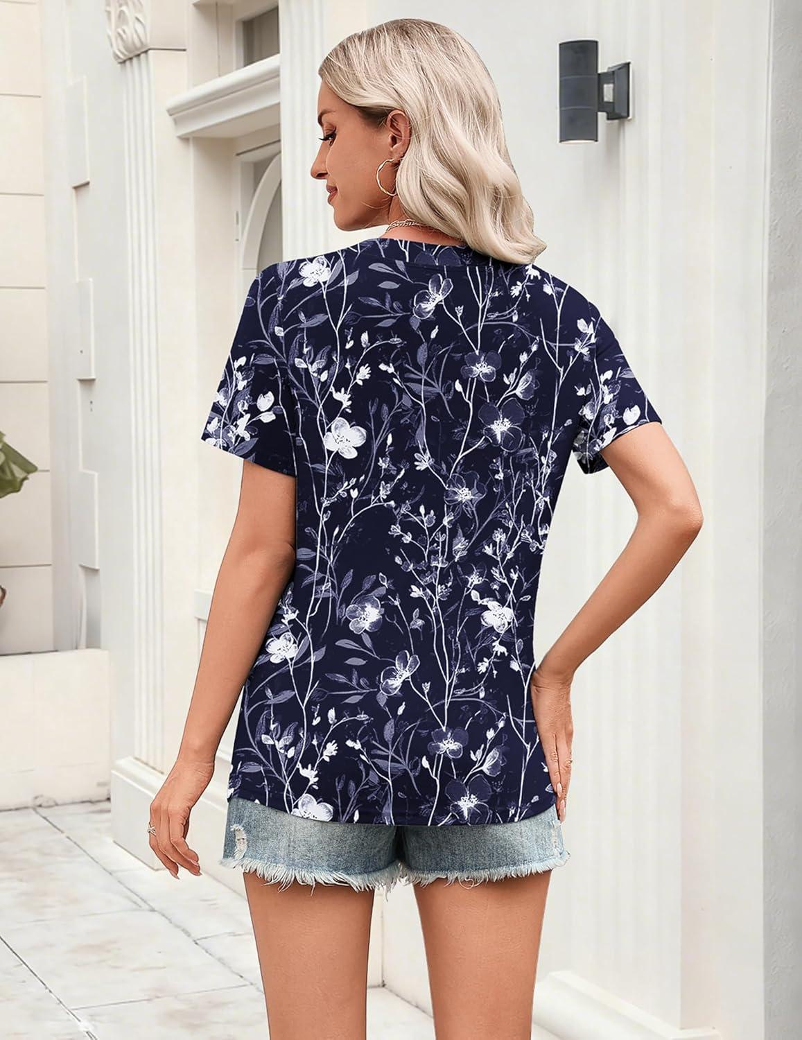 imageZeagoo Womens Tops Short Sleeve V Neck Tee Shirts Cute Dressy Casual Clothing Business Work BlouseNavy Floral Sf180